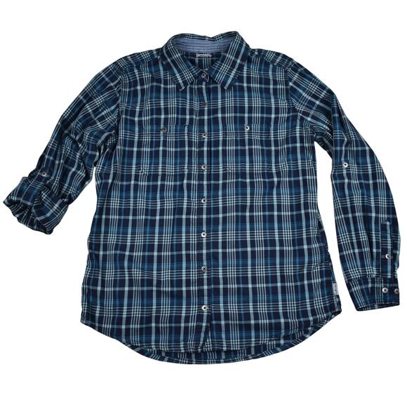 Carhartt roll tab sleeve blue plaid button up shirt top women's MEDIUM relaxed - Picture 1 of 8